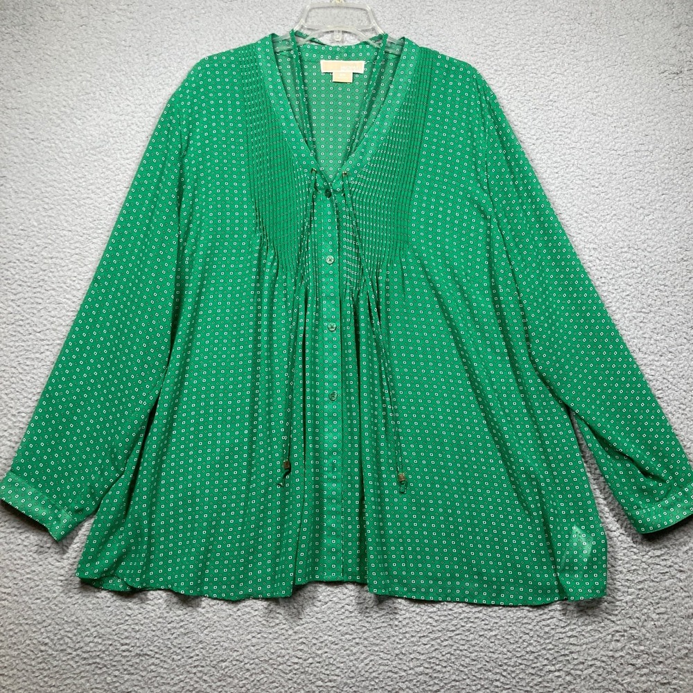Michael‎ Michael Kors Blouse Womens 3X Green Geometric Pleated Tie Neck Top